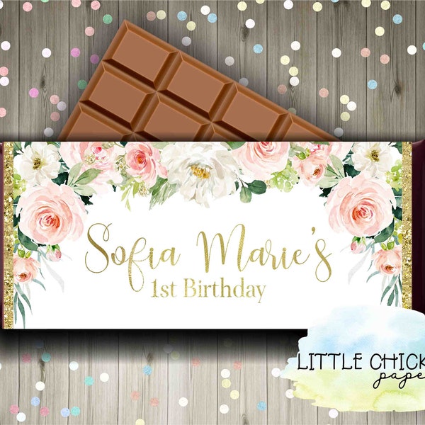 Pink and Gold Floral Chocolate Bar Wrapper for a Girls First Birthday, Printable Candy Bar Wrapper