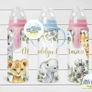 8oz Baby Bottle Sublimation Design, Safari Animals, Lion, Elephant, Zebra, Giraffe, Baby Sublimation PNG, Instant Download, Tumbler Template