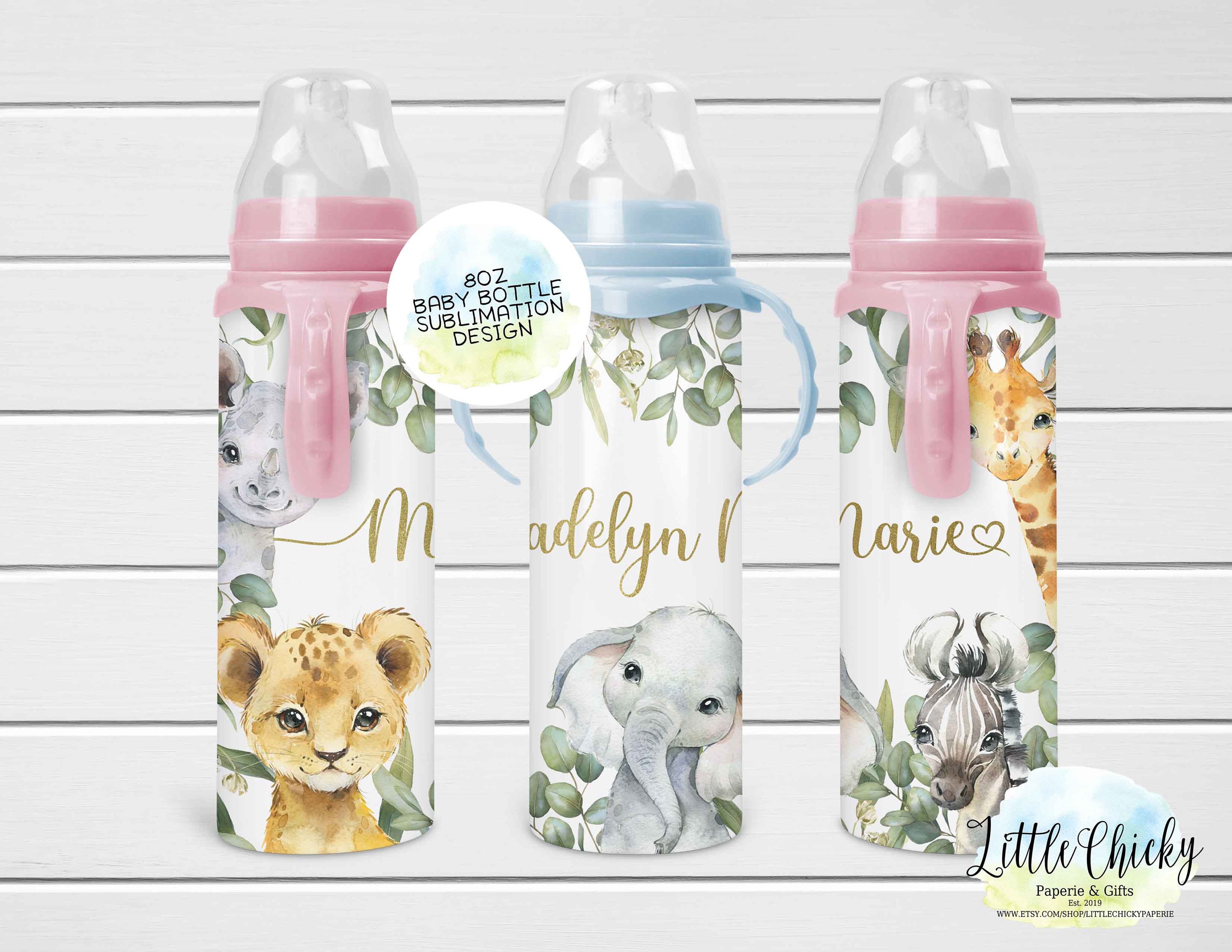 8oz Baby Bottle Sublimation Design, Safari Animals, Lion, Elephant, Zebra,  Giraffe, Baby Sublimation PNG, Instant Download, Tumbler Template