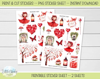Valentine Fairy Stickers – Print & Cut PNG (Digital Download), Printable Stickers, Stickers for Journaling and Scrapbooking