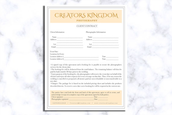 Photography Contract Form Template Wedding Photography Etsy