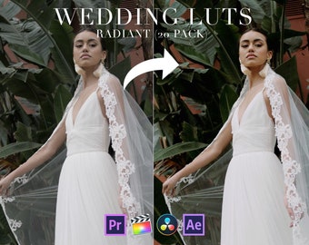 May include: A bride wearing a white wedding dress with a lace trim veil. The image shows a before and after effect of using wedding LUTs, with the text "WEDDING LUTs RADIANT (20 PACK)" at the top. The image also includes icons for Premiere Pro, Final Cut Pro, and After Effects.