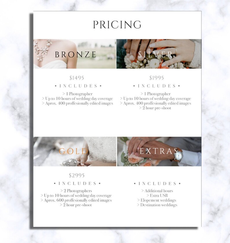 Wedding Photography Videography 2019 Pricing Sheet Guide Etsy