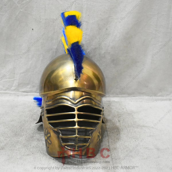 Greek Corinthian Helmet for SCA Combat - Medieval Steel Armor/Medieval combat Sca helmet Golden and Buff Polished with plume/SCA legal