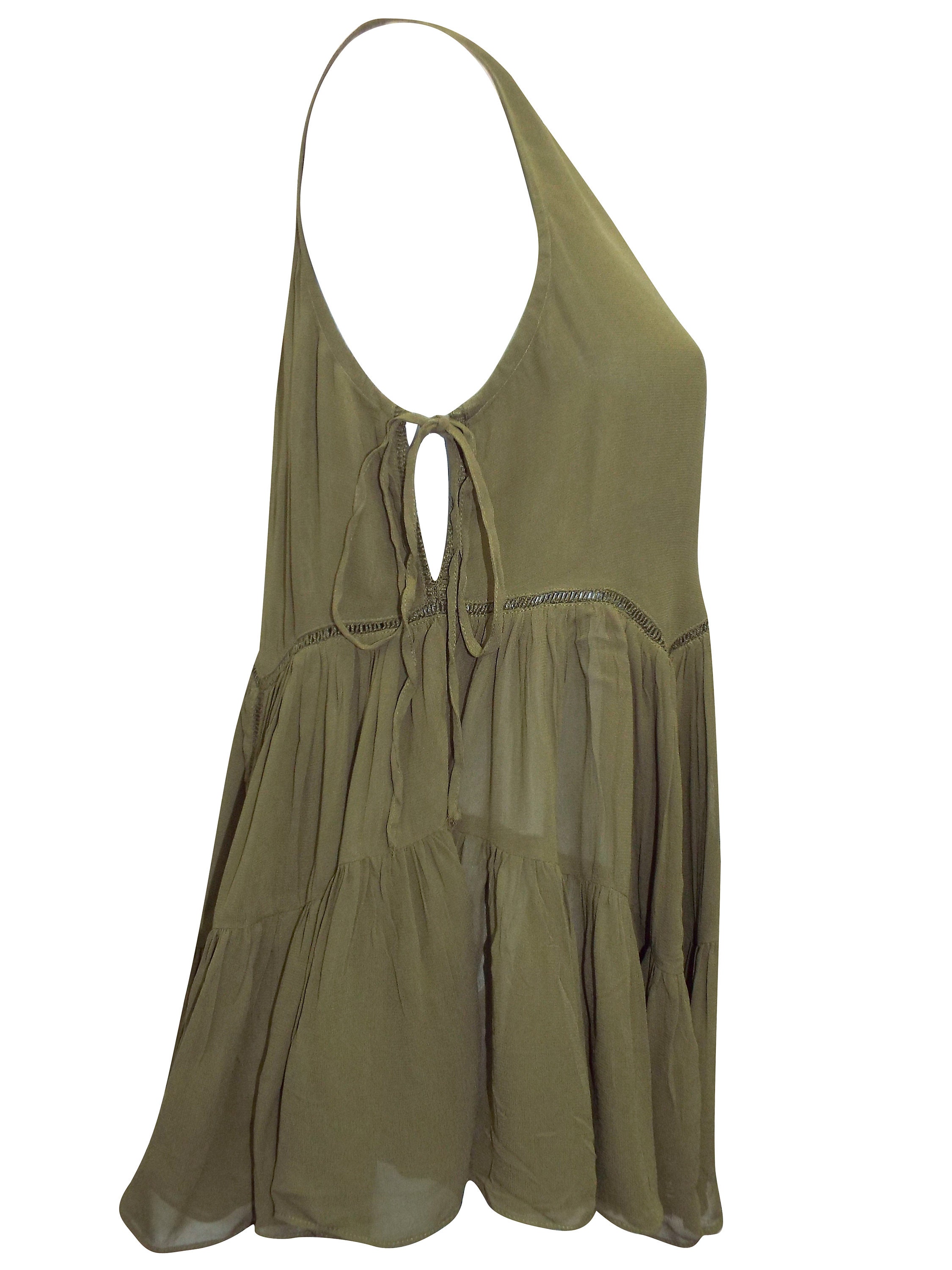 Ladies OLIVE Ladder Trim Boho Swing Sleeveless Side Tie Top Size 6 to 22 