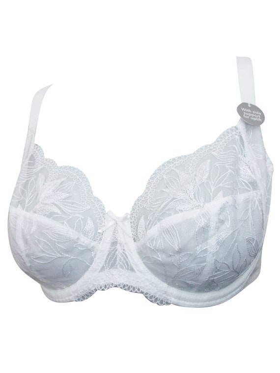 Ladies EX M&S WHITE Floral Embroidered Ligth See Through Wired Full Cup Bra  Size 36 to 42 D,G,F,DD 