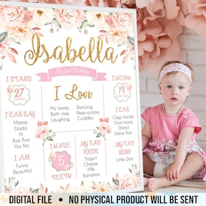 First Birthday Poster, Printable 1st Birthday Girl Sign Board, Floral Dusty Pink Gold Girl&#39;s Milestone Chalkboard, Printable Digital File