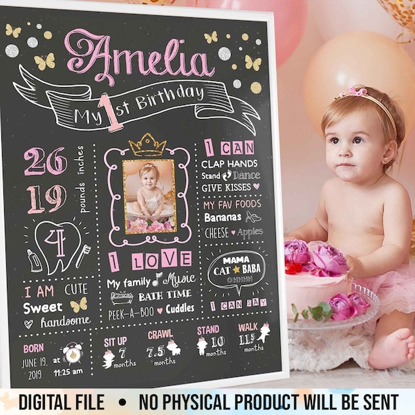 First Birthday Chalkboard Sign With Photo, Girl 1st Birthday Board, Birthday Poster, One Year Infographic, Girl First Year, Digital File