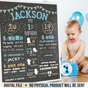 First Birthday Chalkboard, 1st Birthday Chalkboard Sign, First Birthday Poster, Customized Year One Infographic, Boy's First Year, Digital