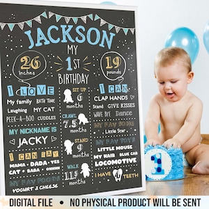 First Birthday Chalkboard, 1st Birthday Chalkboard Sign, First Birthday Poster, Customized Year One Infographic, Boy&#39;s First Year, Digital