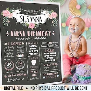 First Birthday Chalkboard, Floral Chalkboard Sign, 1st Birthday Chalkboard, Girl First Birthday Chalkboard, Floral Birthday Sign