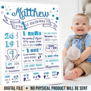 1st Birthday Poster Sign, First Birthday Chalkboard, Silver, Blue & White Birthday Poster, Customized Year One Infographic, Boy's First Year