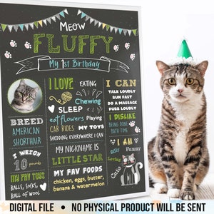 Pizarra de cumpleaños de gato con foto, signo de primer cumpleaños de gatito, cartel de 1er cumpleaños de mascota, gatito personalizado, digital imprimible