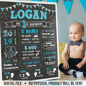 1st Birthday Chalkboard Sign, First Birthday Poster, One Year Infographic, Boy&#39;s First Year, 1st Birthday Boy Board, Printable Digital File