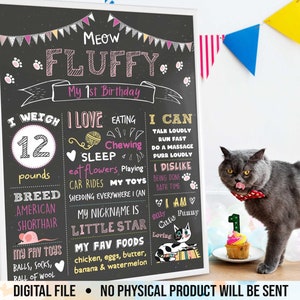 Signo de tablero de cumpleaños de gato personalizado, primer cumpleaños de Kitty, pizarra de 1er cumpleaños de mascotas, primer cartel de gatito, imprimible digital
