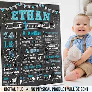 Tablero de primer cumpleaños de niño, cartel de pizarra de 1er cumpleaños, póster infográfico personalizado de un año, decoraciones para bebés, digital imprimible