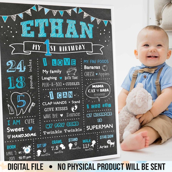 Boy First Birthday Board, 1st Birthday Chalkboard Sign, Customized One Year Infographic Poster, Baby Decorations, Printable Digital