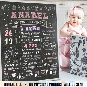 1st Birthday Girl Board, First Birthday Chalkboard Sign, One Year Birthday Girl Milestone Board, File digitale