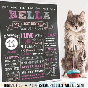 Pizarra de cumpleaños para gatos, letrero personalizado para el primer cumpleaños de un gatito, póster para fiesta de gatitos, decoración para el primer cumpleaños de una mascota, archivo digital imprimible