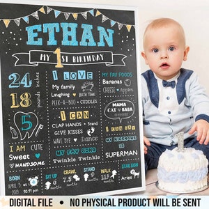 First Birthday Chalkboard, 1st Birthday Chalkboard Sign, First Birthday Poster, Customized Year One Infographic, Boy's First Year, Digital