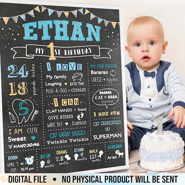 First Birthday Chalkboard, 1st Birthday Chalkboard Sign, First Birthday Poster, Customized Year One Infographic, Boy's First Year, Digital