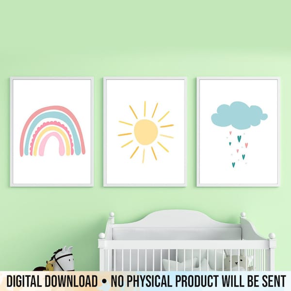 Nursery Decor Sun Cloud Rainbow, Set of 3 Prints, Sunshine Wall Art, Rainbow Print, Digital Printable Download