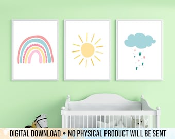 Nursery Decor Sun Cloud Rainbow, Ensemble de 3 impressions, Sunshine Wall Art, Rainbow Print, Téléchargement imprimable numérique