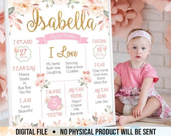 First Birthday Poster, Printable 1st Birthday Girl Sign Board, Floral Dusty Pink Gold Girl&#39;s Milestone Chalkboard, Printable Digital File