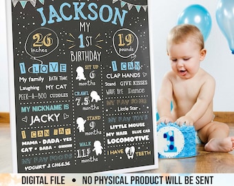 First Birthday Chalkboard, 1st Birthday Chalkboard Sign, First Birthday Poster, Customized Year One Infographic, Boy's First Year, Digital