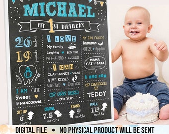 1st Birthday Chalkboard Sign, First Birthday Poster, Boy Birthday Board, Baby's Customized One Year Infographic, Printable Digital File