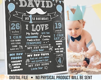 First Birthday Chalkboard Sign, 1st Birthday Boy Milestone Board, One Year Party Decorations, Printable Digital File