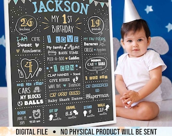 1st Birthday Boy Poster, First Birthday Chalkboard Sign, Party Decoration, Blue Yellow Birthday Banner, Digital File