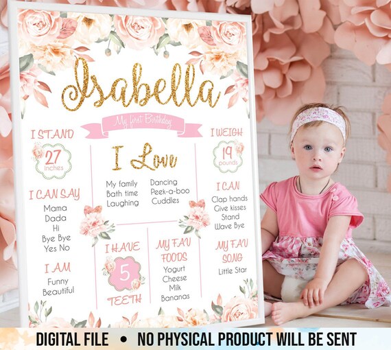 First Birthday Poster Printable 1st Birthday Girl Sign Board | Etsy