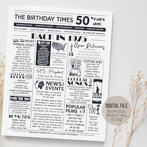 Decoratie 50e verjaardag 1975, krantenposter terug in 1975, cadeau-idee 50 jaar geleden, het jaar 1975 leuke weetjes, digitale afdrukbare download