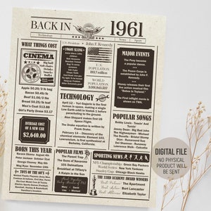 Back in 1961 Fun Facts, Newspaper Poster, Birthday Gift Idea, Year 1961 in Review Sign, Party Decoration, Digital Printable Download