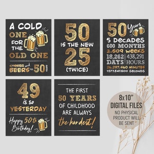 Afdrukbare 50e verjaardagsversieringen, Cheers and Beers to 50 Years poster, zwart en goud 50e verjaardagsfeestje borden, digitale afdrukbare download