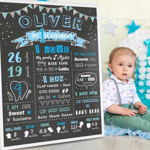 Boys First Birthday Personalized Custom Sign Birthday Board Teal Boys 1st Birthday Chalkboard Sign Printable Birthday Chalkboard Poster