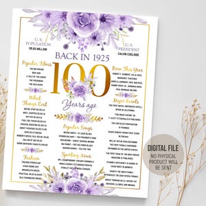 Póster del centenario, datos curiosos de 1925, letrero morado y dorado, regalo para mujer, decoraciones para fiestas de 100 años, descarga digital imprimible
