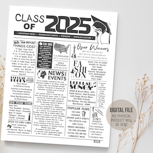 Klasse von 2025 Fun Facts Zeitung, Zurück in 2025 Mittelstücke Schild, Graduierung 2025 Party Dekoration Idee Poster, digital druckbare Download