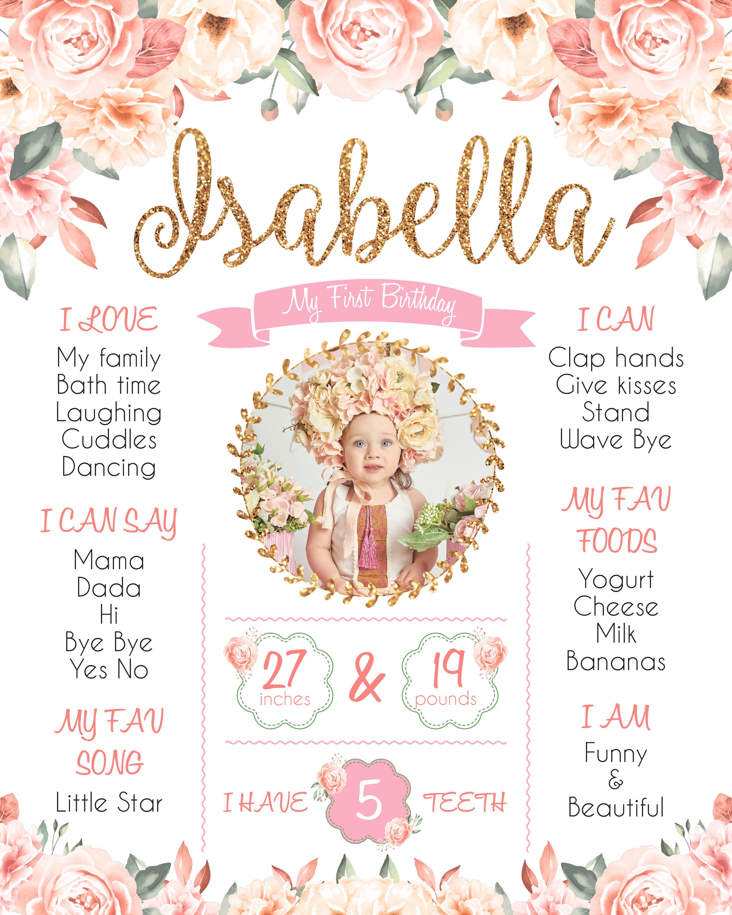 Girl 1st Birthday Poster With Photo First Birthday Board Sign - Etsy