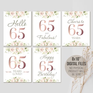 Printable 65th Milestone Birthday Decorations, Hello 65 Years Loved, Birthday Party Signs for Her, Table Decor, Digital Printable Download