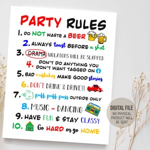 Printable Funny Party Rules Poster, Birthday Decorations Idea, Beer Party Favors, Bachelor Party Sign, Digital Printable Download