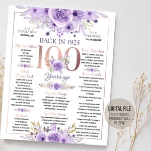100e verjaardag poster, terug in 1925 leuke weetjes paars bord, cadeau voor haar, 100 jaar feestdecoratie idee, afdrukbare digitale download