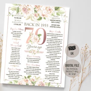 UK Zurück im Jahr 1955 Fun Facts Schild, 70. Geburtstag Poster, 70 Jahre Party Dekoration Idee, Geburtstagsgeschenk für Frauen, digital druckbarer Download