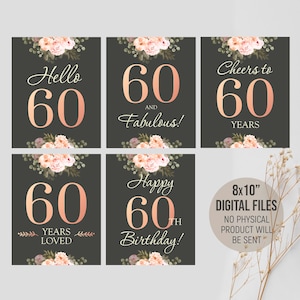 Decoraciones imprimibles para 60 cumpleaños, letreros para fiesta de 60 cumpleaños para mujeres, Hola sesenta, Saludos 60, Decoración de mesa, Descarga digital imprimible