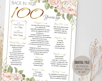 100th Birthday Poster, Back in 1924 in Review, 100 Party Decorations, The Year 1924 Fun Facts Board Gift for Her, Printable Digital Download