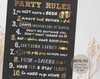 Printable Birthday Decorations, Cheers and Beers Party Rules Poster, Funny Black & Gold Sign, Digital Printable Download