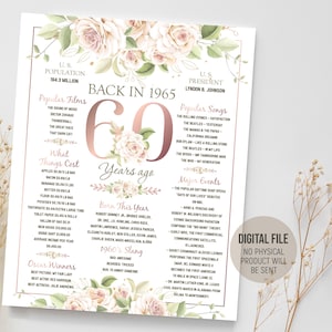 Cartello "Anno 1965 in rassegna", decorazione per la festa del 60° compleanno per lei, poster con curiosità sul 1965, idea regalo per donna, download digitale stampabile