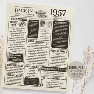 Terug in 1957 Fun Facts Poster, Verjaardagsfeest decoraties, Geboorte Krant, Het jaar 1957 in Review Sign, Digitaal Afdrukbare Download