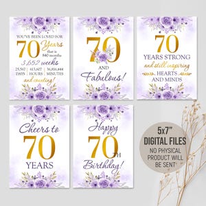 70er Geburtstag Schilder, Partydekoration für Frau, Prost auf 70 Jahre geliebt, lila Tischdekoration, Bday Idee für Sie, digital druckbare Download